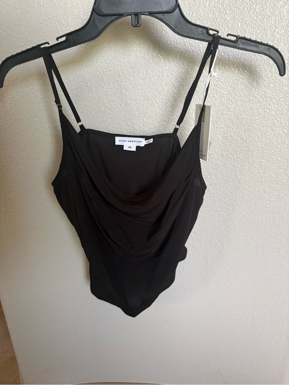 Good American Black Draped Cami with Adjustable Straps